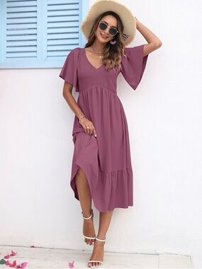 Auselily V-Neck Smocked Mauve Midi Dress with Flutter Sleeves
